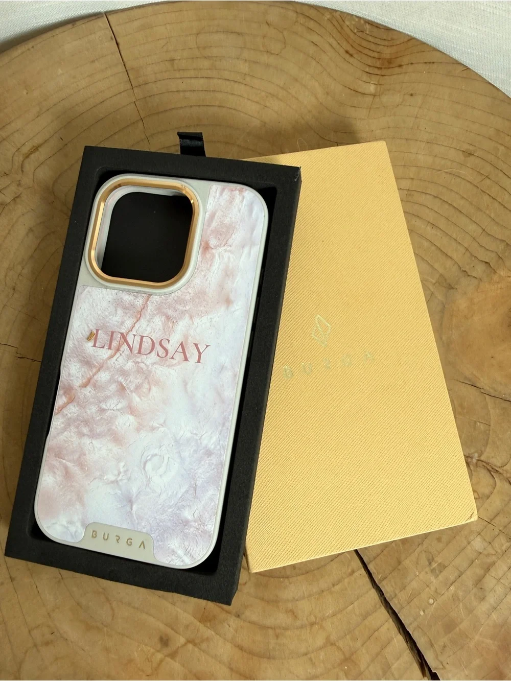 BURGA Elite Personalized “LINDSAY” Pink Marble iPhone Case w/ Box
